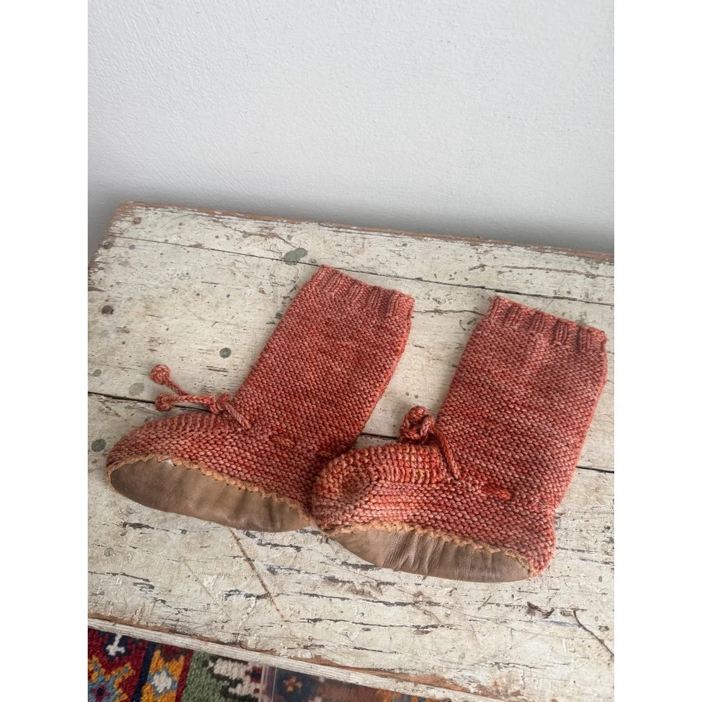 Handmade Knit Slipper Boots Terracotta Orange Leather Sole Kids House Shoes
